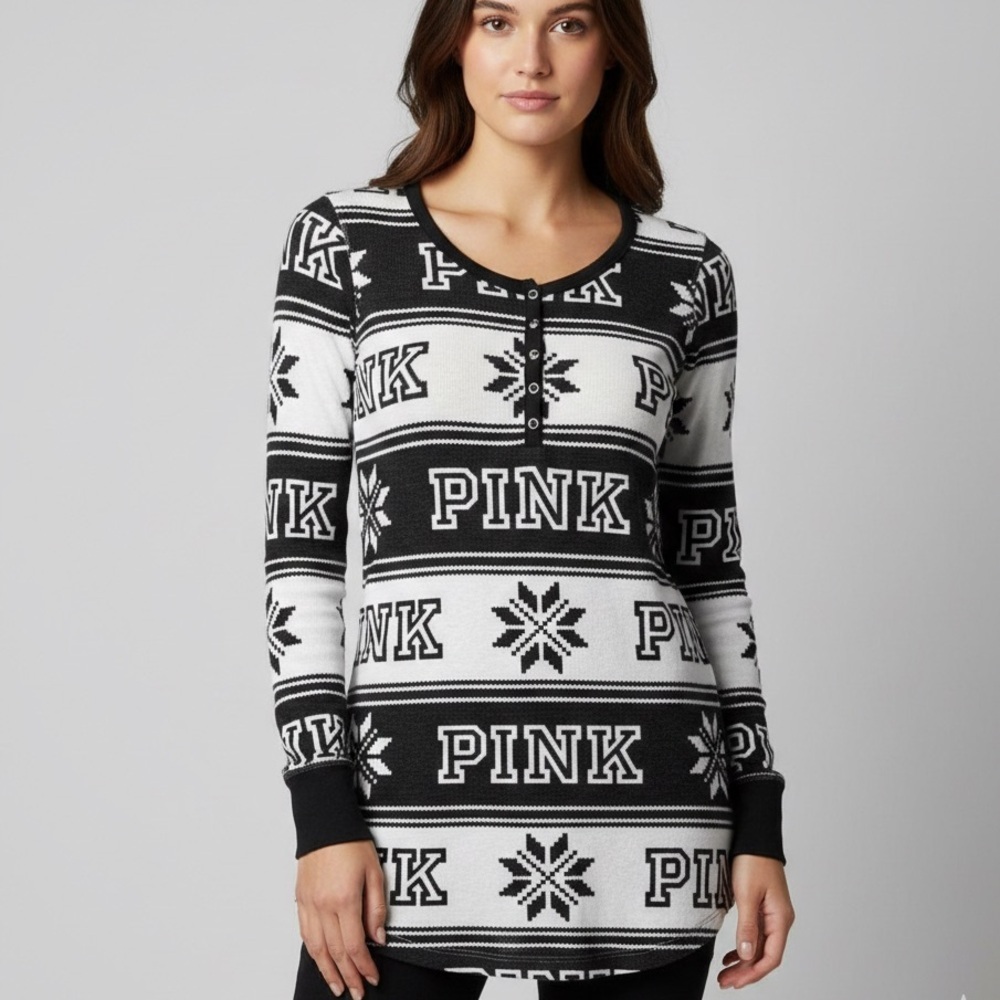 Victoria’s Secret PINK Thermal Henley Lounge Top Black White Snowflake Size L